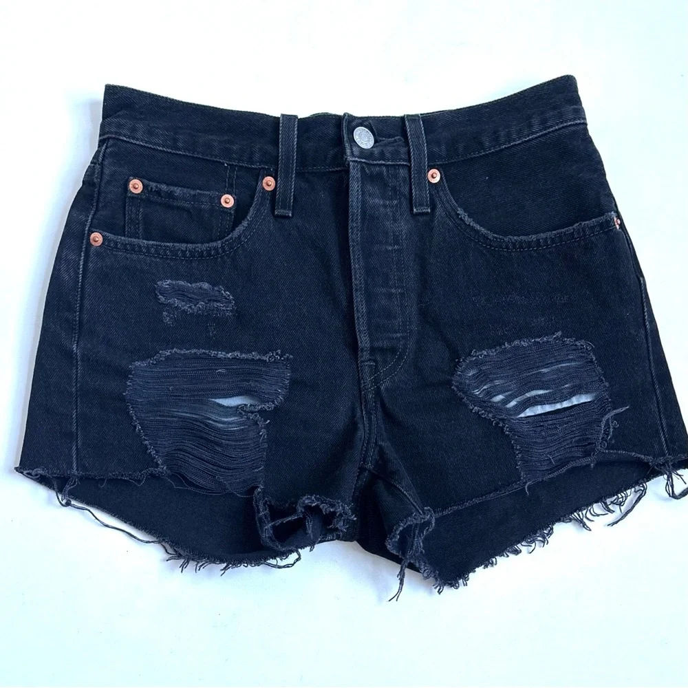 Levi’s 501 Black Distressed Denim Jean Shorts Size 26